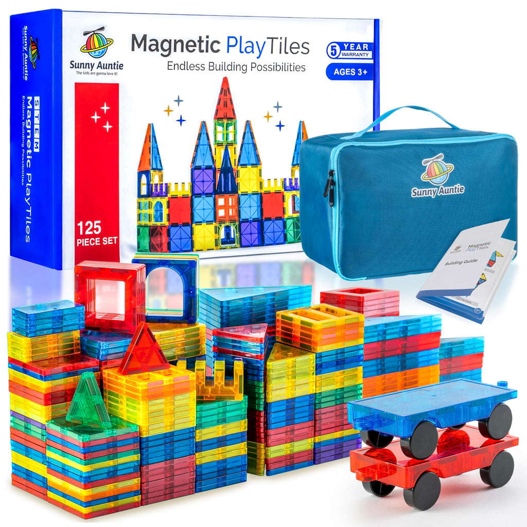 SUNNY AUNTIE Magnetic Tiles 125 PCS+ Bonus Zippered CASE, Kids Toy for 3 4 5 6 7 8 Year Old Boys & Girls, Magnetic Tiles Building Set, Great Gift for Kids Aged 3-8, XL Set