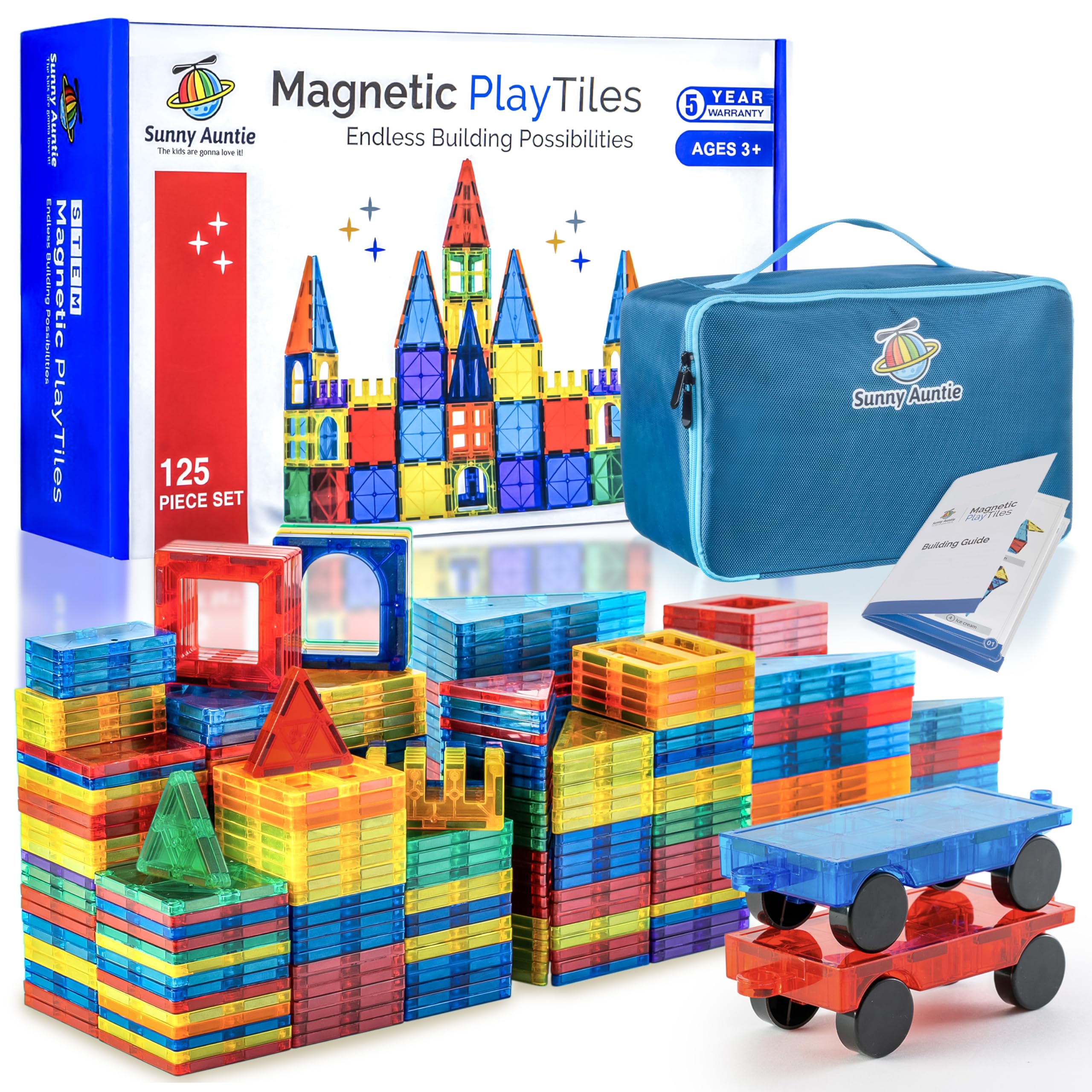 SUNNY AUNTIE Magnetic Tiles 125 PCS+ Bonus Zippered CASE, Kids Toy for 3 4 5 6 7 8 Year Old Boys & Girls, Magnetic Tiles Building Set, Great Gift for Kids Aged 3-8, XL Set