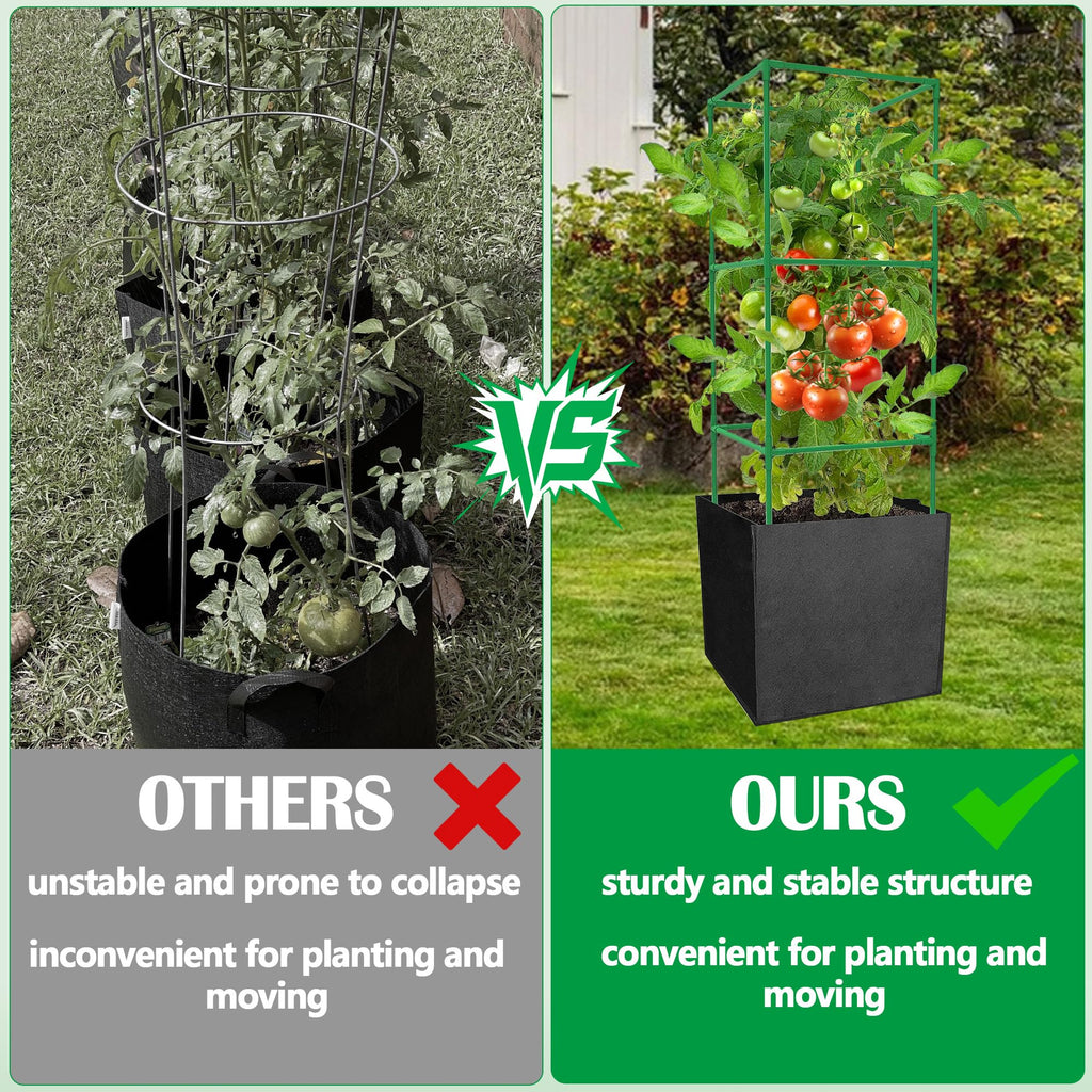 3 Packs 47 x 16 x 16 Inch Garden Tomato Cages with 17 Gallon Grow Bags- Square Plant Support Trellis Assembled with Planter Bags- Garden Cucumber Vegetables Frames for Vertical Climbing Plants