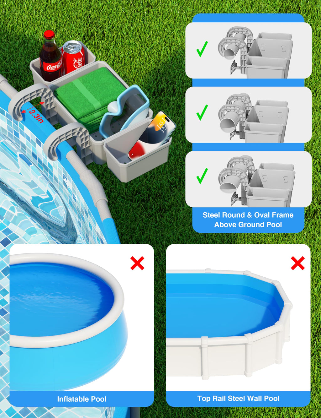 POOLHOUR [Patented] Poolside Storage Basket with 2 Cup Holders, Stretchable Above Ground Pool Accessories Organizer, Multifunctional Poolside Holder for Most Frame Pool Accessories (1Pack)