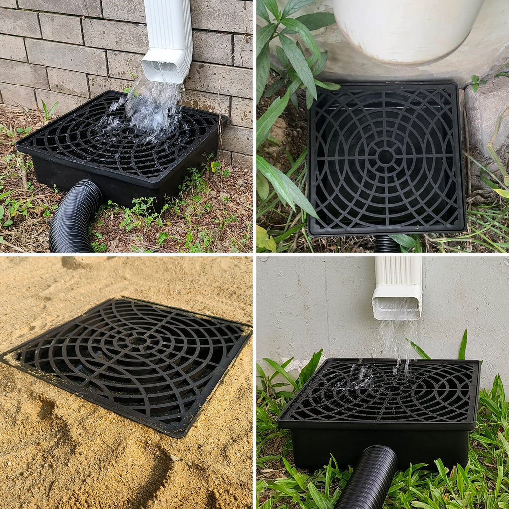 Prestantious Catch Basin Gutter Downspout Extensions, 12"×12" Low Profile Catch Basin Downspout Extender with 2" ID Flexible Pipe, No Deep Dig Needed, Rainwater Diverter, Pipe Stretched Length 8.2ft
