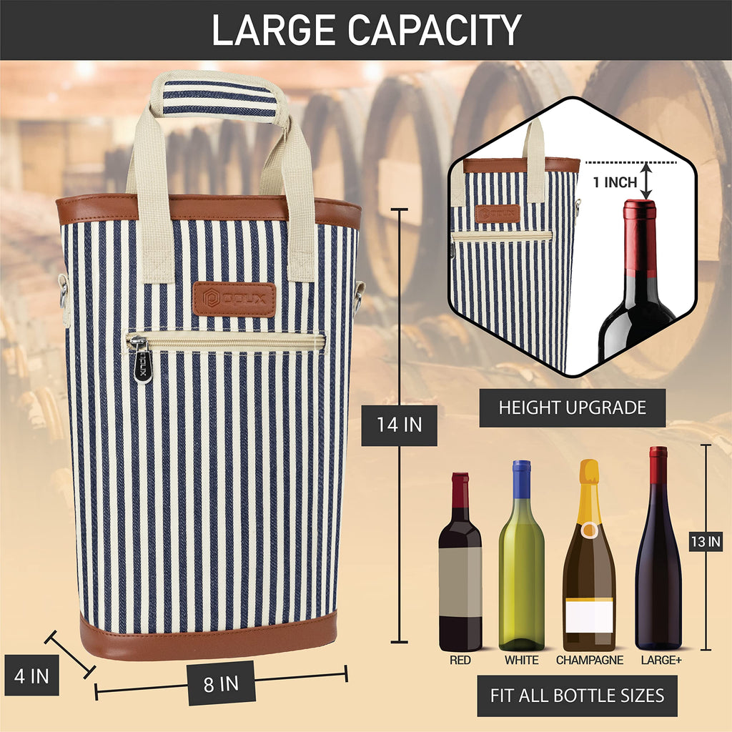 opux 2 Bottle Wine Bag Carrier Insulated Leakproof Wine Cooler Navy Stripes