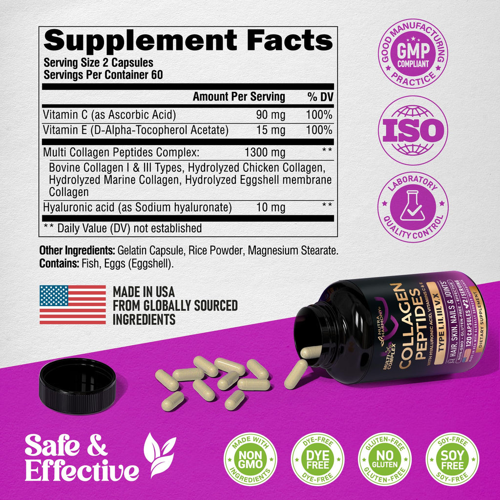 Multi Collagen Peptides - Hydrolyzed Types I, II, III, V & X - Collagen Supplement for Women 1300mg - w/ Hyaluronic Acid, Vitamins C & E - Skin, Hair, Nails & Joint Support - Made in USA, 120 Capsules