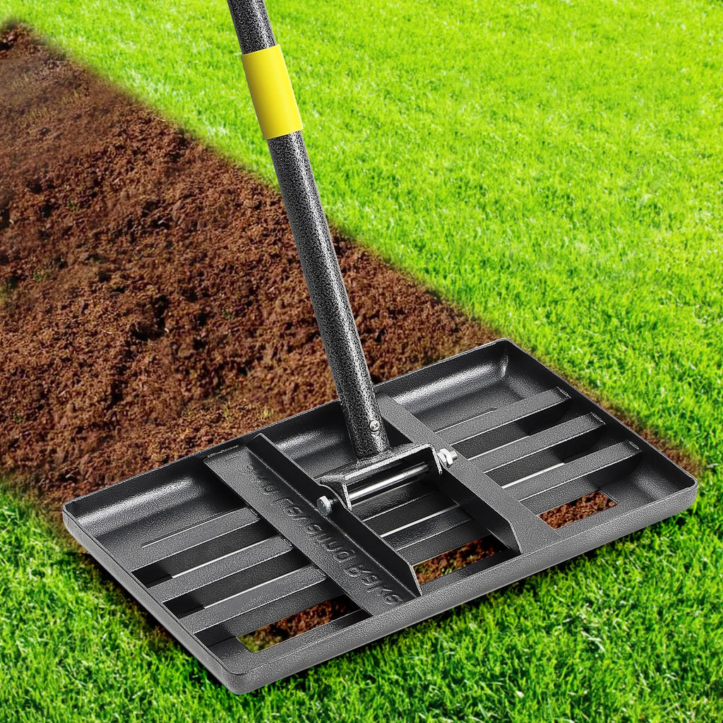 Lawn Leveling Rake, Heavy Duty 17"x10" Curved Ground Plate, 72" Long Handle Lawn Leveler Tool Landscape Rake for Compost Soil Dirt Sand Grass Peat Moss
