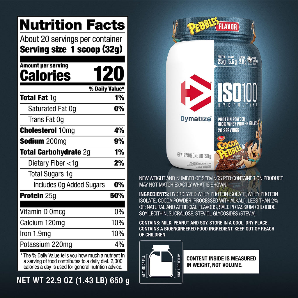 Dymatize x Cocoa Pebbles ISO100 Whey Protein Powder Isolate, 25g of Protein, 20 Servings, 5.5g BCAAs, 120 Cal., Gluten Free, 1g Fat, 1g Sugar, 2g Carb