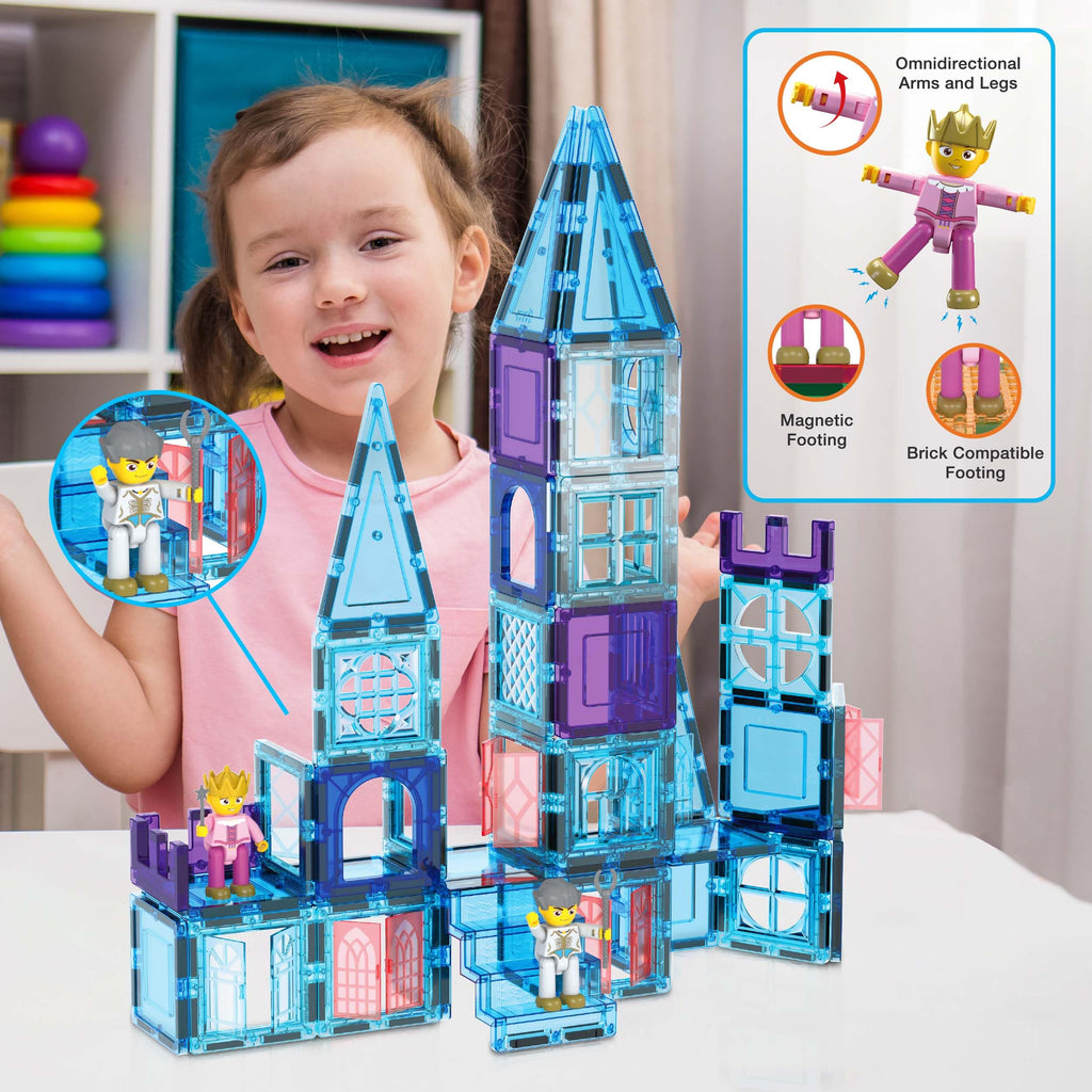 PicasssoTiles 72 Piece Magnetic Building Tiles Castle Winter Ice Theme Construction Magnet Block Set with Princess Prince Character Stairs Windows Doors STEM Learning Educational Toy Kids Ages 3+ PT72