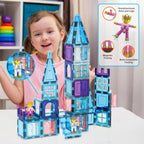 PicasssoTiles 72 Piece Magnetic Building Tiles Castle Winter Ice Theme Construction Magnet Block Set with Princess Prince Character Stairs Windows Doors STEM Learning Educational Toy Kids Ages 3+ PT72