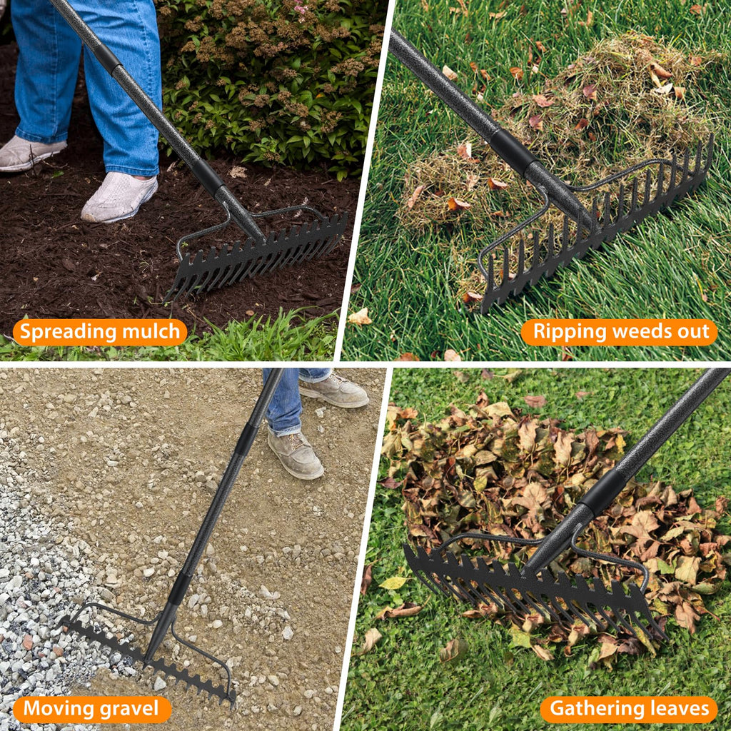 Rake, 17 Tines with 49 Inch Handle, 17 Inch Wide Heavy Duty Garden Thatch Leaf Rake for Raking Leaf Loosening Soil Gathering Mulch Leveling Rocks, Rustproof Metal Bow Rakes for Leaves Grass
