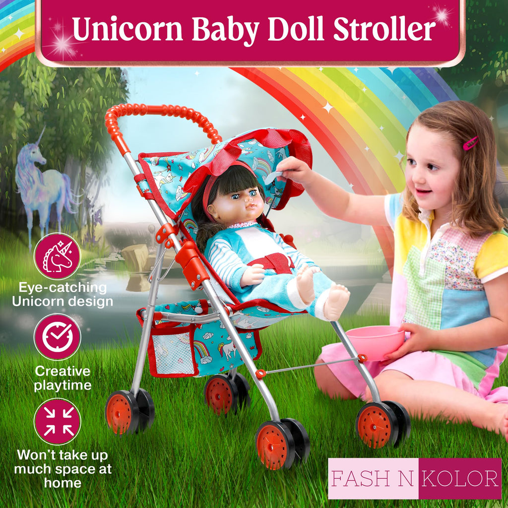 fash n kolor® - Doll Stroller My First Baby Doll Strollers Toy - Flower Design with Basket in The Bottom- Doll Accessories 2 Free Magic Bottles Included (Unicorn Design)