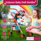 fash n kolor® - Doll Stroller My First Baby Doll Strollers Toy - Flower Design with Basket in The Bottom- Doll Accessories 2 Free Magic Bottles Included (Unicorn Design)