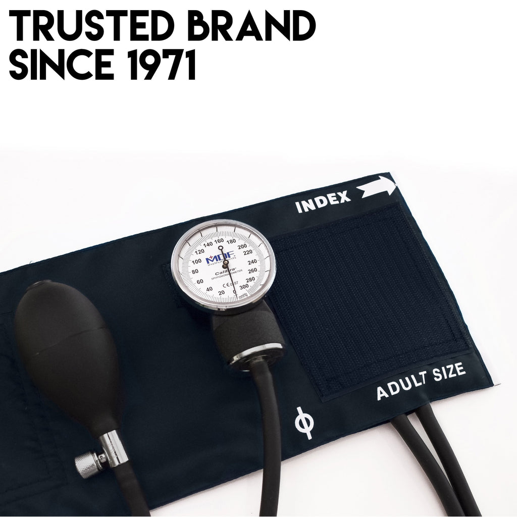 MDF Instruments, Calibra Aneroid Premium Professional Sphygmomanometer, Blood Pressure Monitor with Adult Cuff & Carrying Case, Lifetime Calibration, White Dial, Navy Blue Cuff, MDF808M04