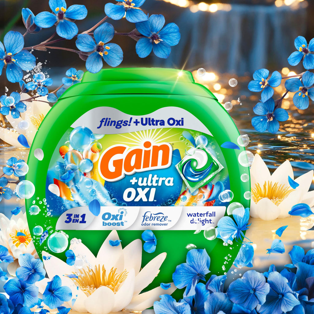 Gain Flings Ultra Oxi Laundry Detergent Pacs, 76 Count, Waterfall Delight Scent, with Odor Defense, Concentrated Laundry Soap Pacs