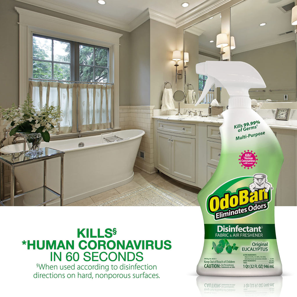 OdoBan Ready-to-Use Disinfectant and Odor Eliminator, Cleaner and Fabric/Air Freshener, Set of 2, 14.6 Ounce 360-Degree Continuous Spray and 32 Ounce Trigger Spray, Original Eucalyptus Scent