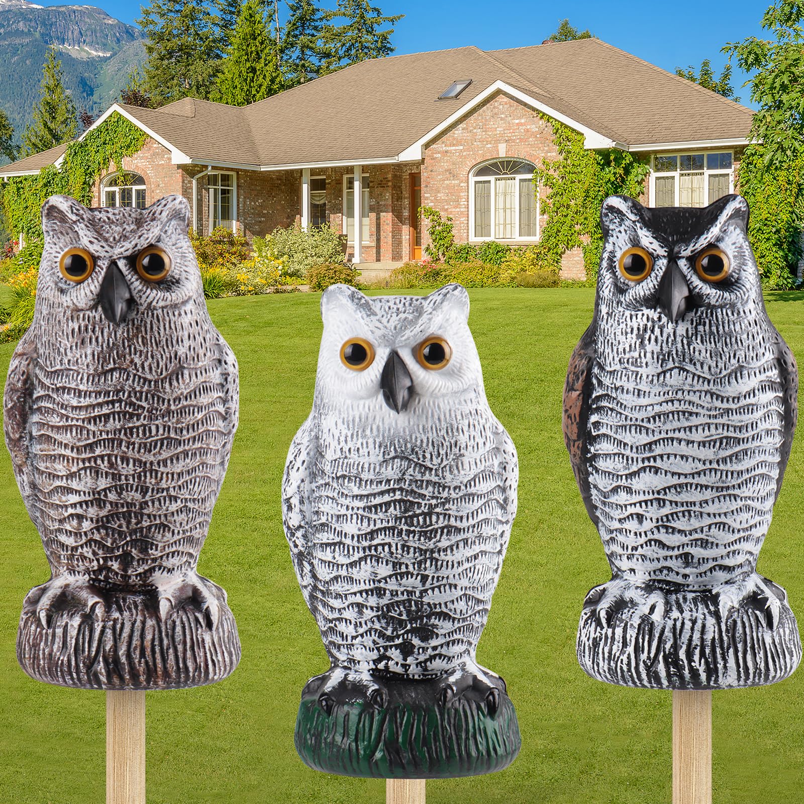 Fake Owl Decoy to Scare Birds Away, Plastic Garden Owl Scarecrow for Garden, Waterproof Owl Statue for Courtyard Orchard Doorway Roof Owl Decor 3 Pack
