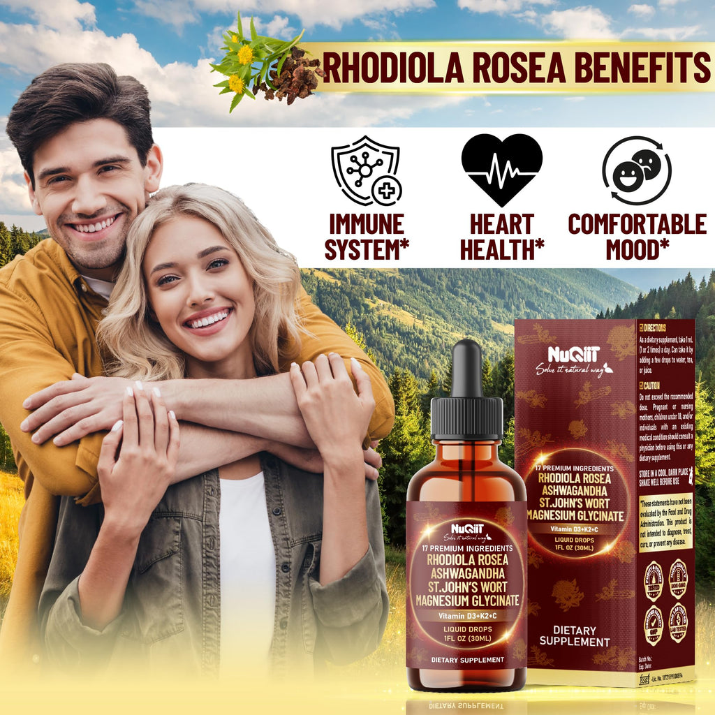 NUQIIT 17in1 Rhodiola Rosea Liquid Drops Tincture w/Ashwagandha Magnesium, L-Theanine. Ultra Rhodiola Cortisol Supplement, Rhodiola Root for Mood, Energy - 1 FL Oz - 60 Day Supply