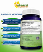 aSquared Nutrition SAM-e 400mg Supplement - 90 Capsules - Same (S-Adenosyl Methionine) to Support Mood, Joint Health, and Brain Function - Extra Strength Vegan SAM e Pills