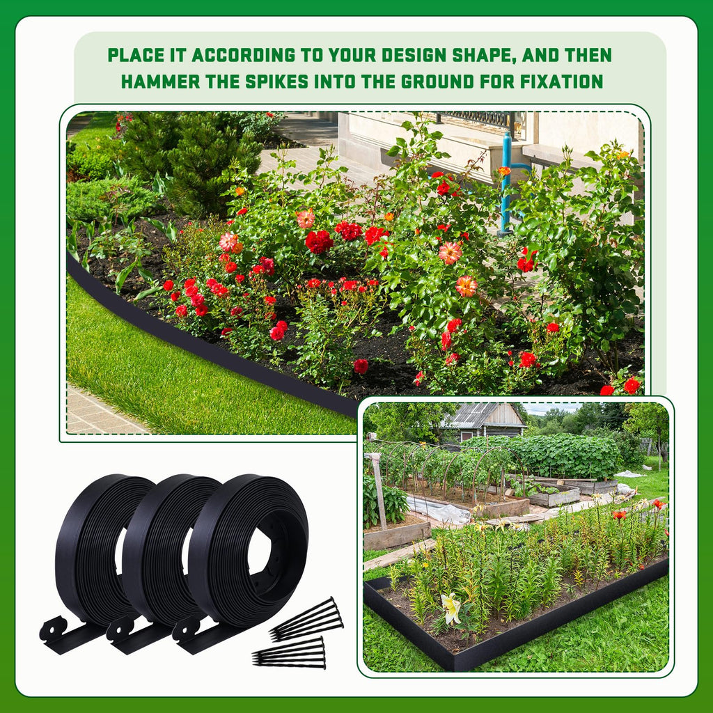 Sintuff 246 ft Garden Landscape Edging 2 Inch Tall Lawn Edging Border with 216 Anchoring Spikes Flexible Straight Top Garden Border Lawn Roll Kit(Black)