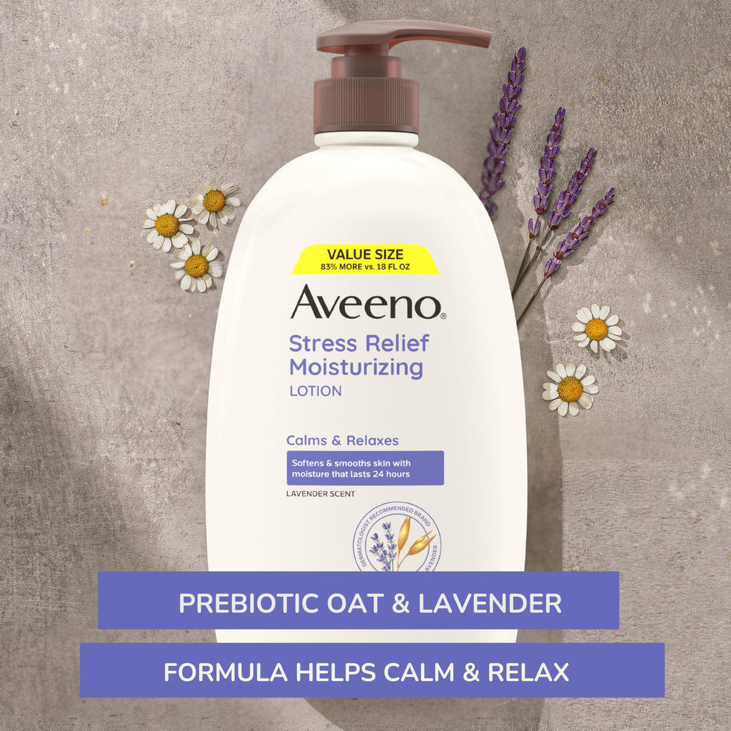 Aveeno Stress Relief Moisturizing Body Lotion with Prebiotic Oat & Lavender Scent for Sensitive Skin, Calms & Relaxes with 48 Hour Hydration, Fast Absorbing & Non-Greasy, 33 fl. oz