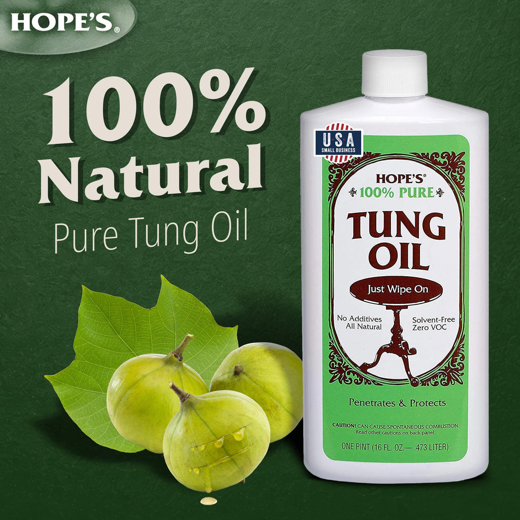 HOPE'S 100% Pure Tung Oil, Food Safe, Premium Waterproof Natural Wood Finish and Sealer for Indoor and Outdoor Projects,16 Fl Oz, 2 Pack