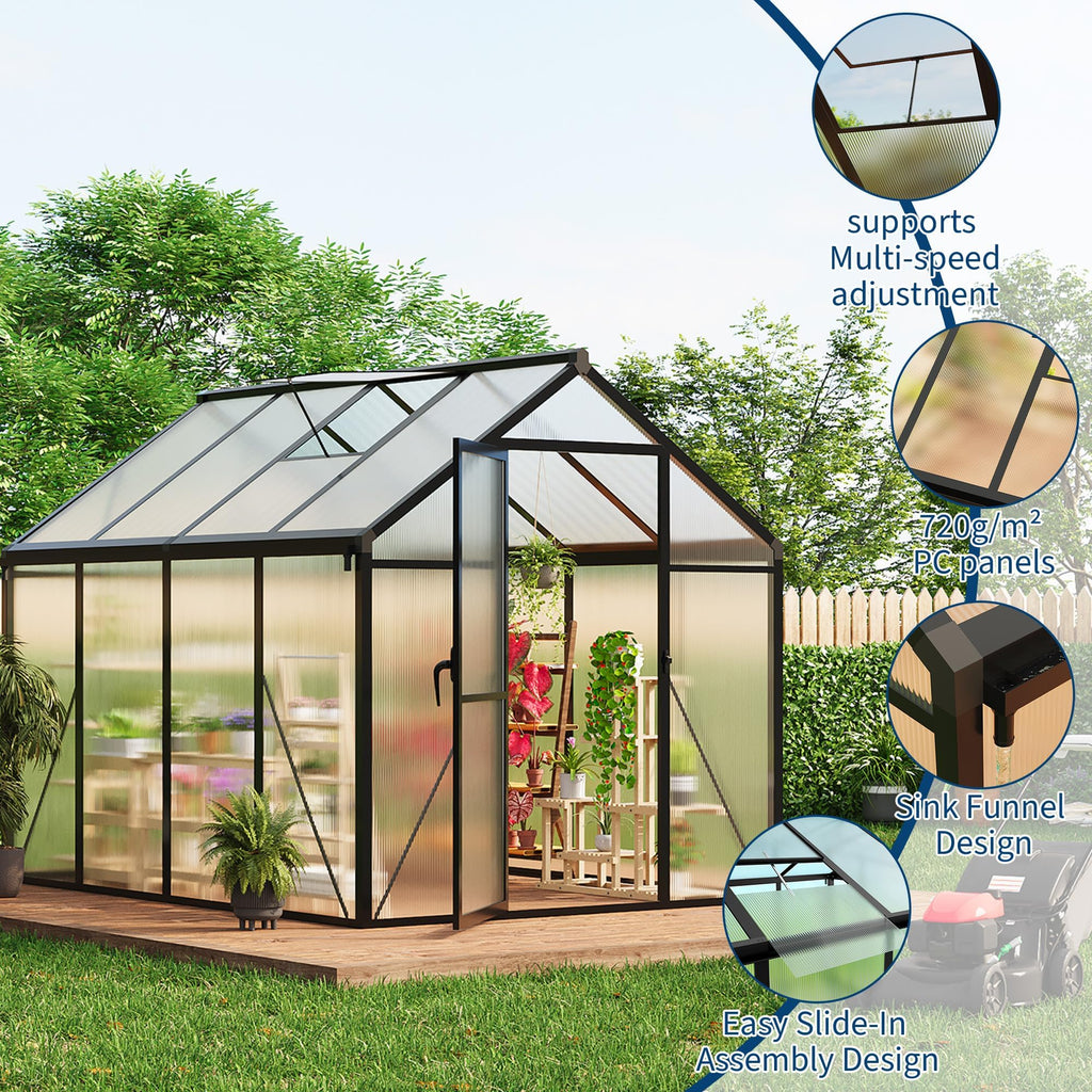 6x8FT Polycarbonate Greenhouse, Walk-in Outdoor Aluminum Frame Greenhouse with Roof Vent, Lockable Push Door for Garden, Backyard, Patio & Lawn