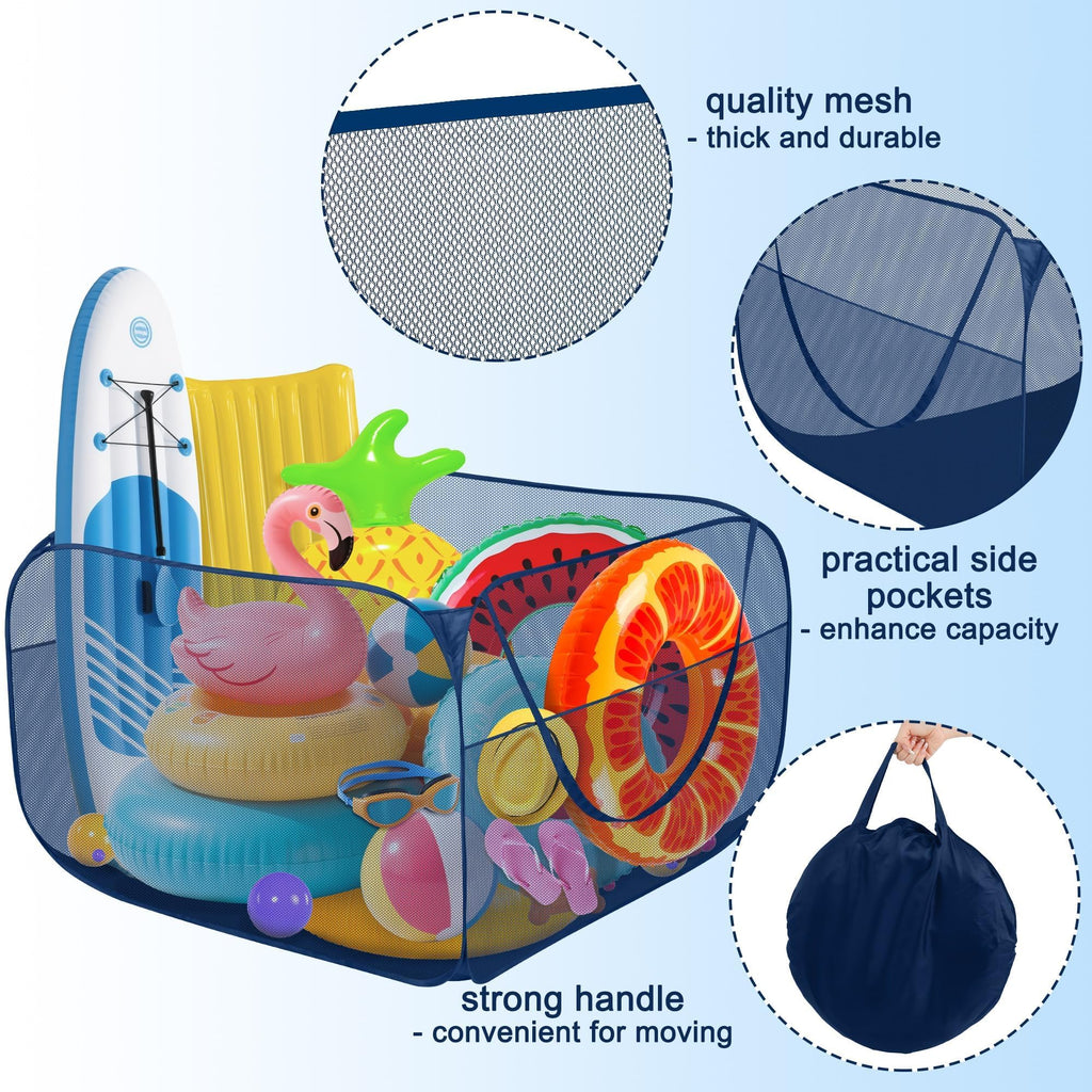 Hahood Pop-up Pool Toy Storage Bin 47 x 47 x 31 Inch Mesh Pool Organizer Bag with 2 Side Pockets for Inflatable Toys, Floats, Beach Balls,Towels and Other Swimming Accessories