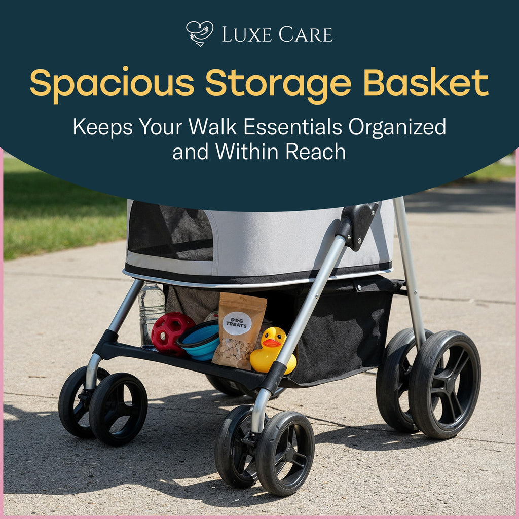 LUXE CARES 4 Wheel Foldable Pet Stroller - Lightweight Dogs and Cats Stroller Upto 50lbs with Mesh Canopy, Storage Basket and Cup Holder, Durable for Walks and Outings (Medium)
