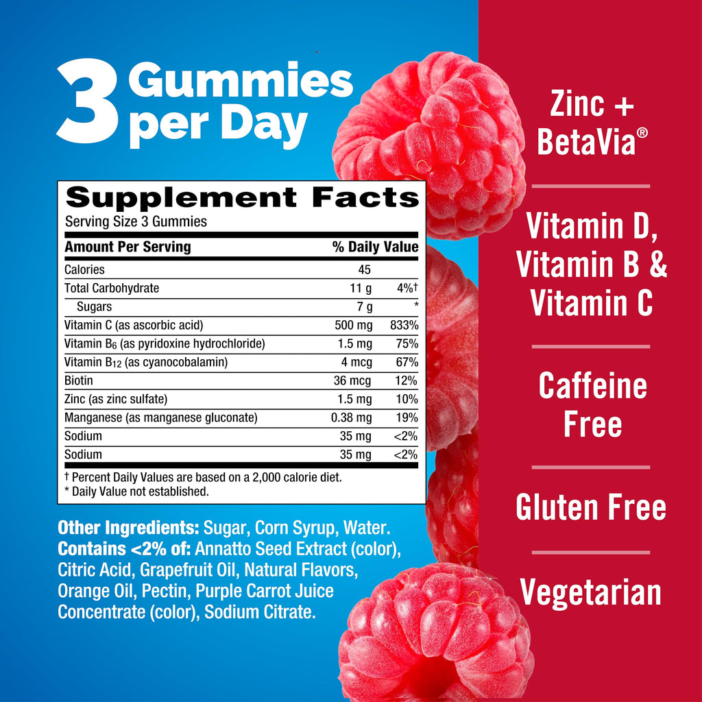 Emergen-C Immune+ Triple Action Immune Support Gummies, BetaVia (R), 1000mg Vitamin C, B Vitamins, Vitamin D and Antioxidants, Raspberry – 45 Count