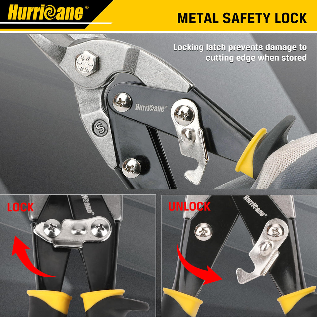 HURRICANE 3 pc Aviation Tin Snips Set, 10 Inch Metal Shears for Straight, Left & Right Curves, Cr-V Steel Blades, Non-Slip TyreGrip Handle, Safety Latch, for Sheet Metal, Gutter, HVAC, DIY