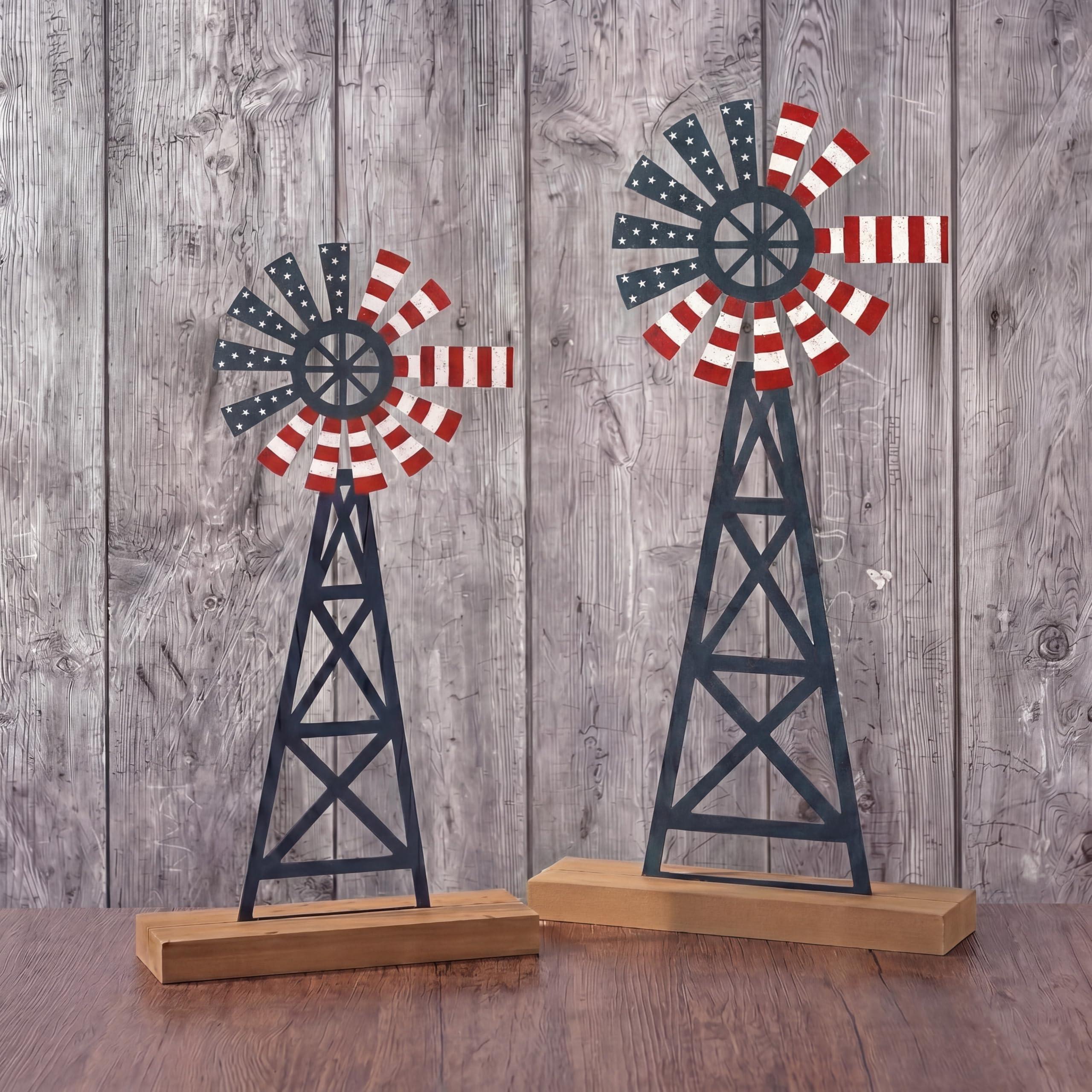 Tandefio 2 Pcs 11.8 Inch Metal Patriotic Farmhouse Windmill Tabletop Decor