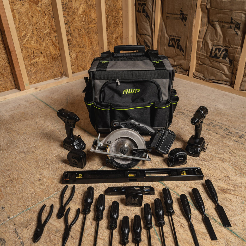 AWP Rolling Tool Bag Durable Tool Tote Water-Resistant Organizer for Professionals and Contractors, Adjustable Handle for Travel, Black | L-22814
