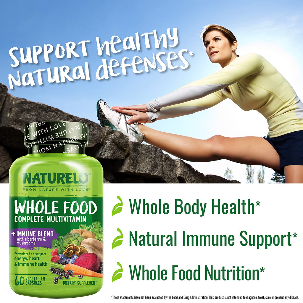 NATURELO Whole Food Multivitamin + Immune Blend with Elderberry & Mushrooms - Complete Multivitamin with Extra Immune Support - C, D3, Zinc, Elderberry, Reishi, Shitake, 60 Vegan Capsules (Pack of 2)