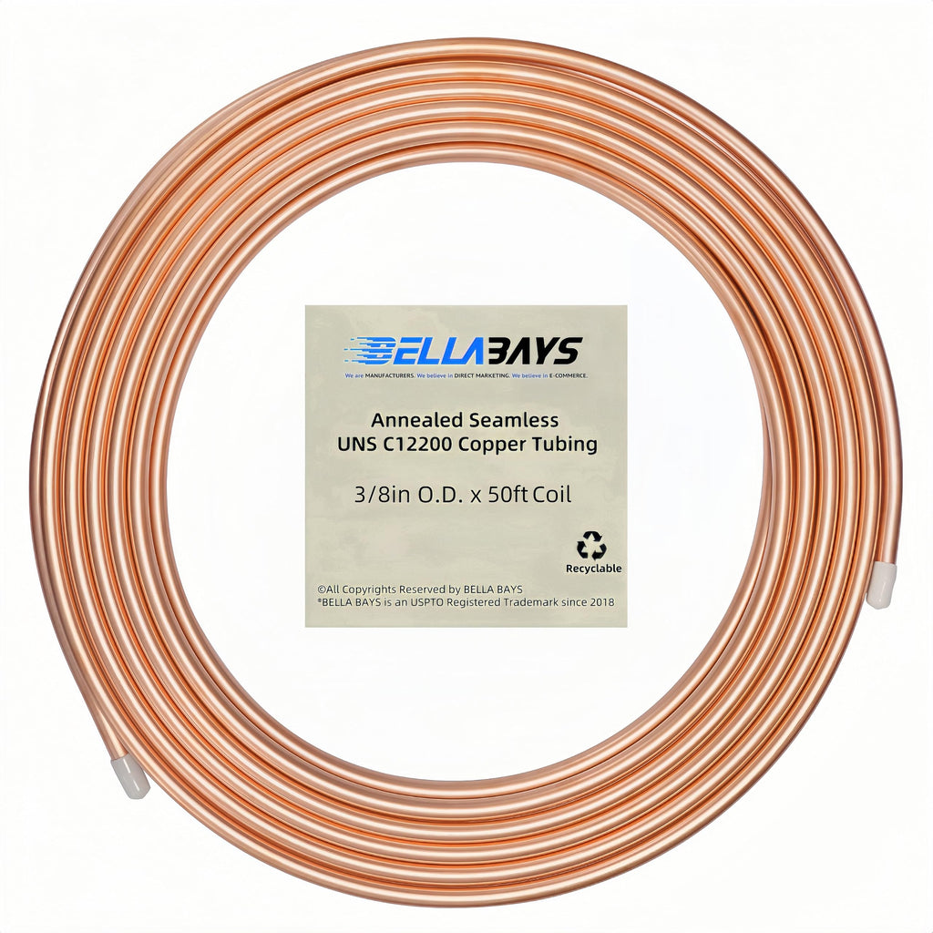 BELLA BAYS Copper Tubing 3/8" OD x 0.320" ID x 50 ft, 99.9% C12200 ASTM B280 Refrigeration ACR Tubing Seamless Soft Coil Round T2 Pure Copper Tube for HVAC System, Refrigerator, Industry, DIY