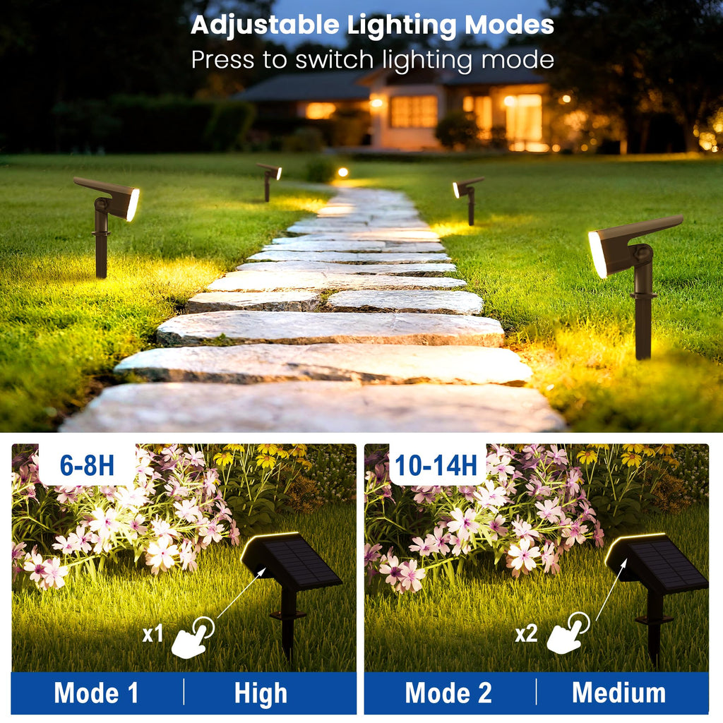 JEJOT Solar Lights Outdoor Waterproof IP65, Super Bright LED with Lens, 3000K 2 Lighting Modes, Solar Powered Yard Garden Solar Spot Lights for Outside Landscape Auto On/Off -4 Pack