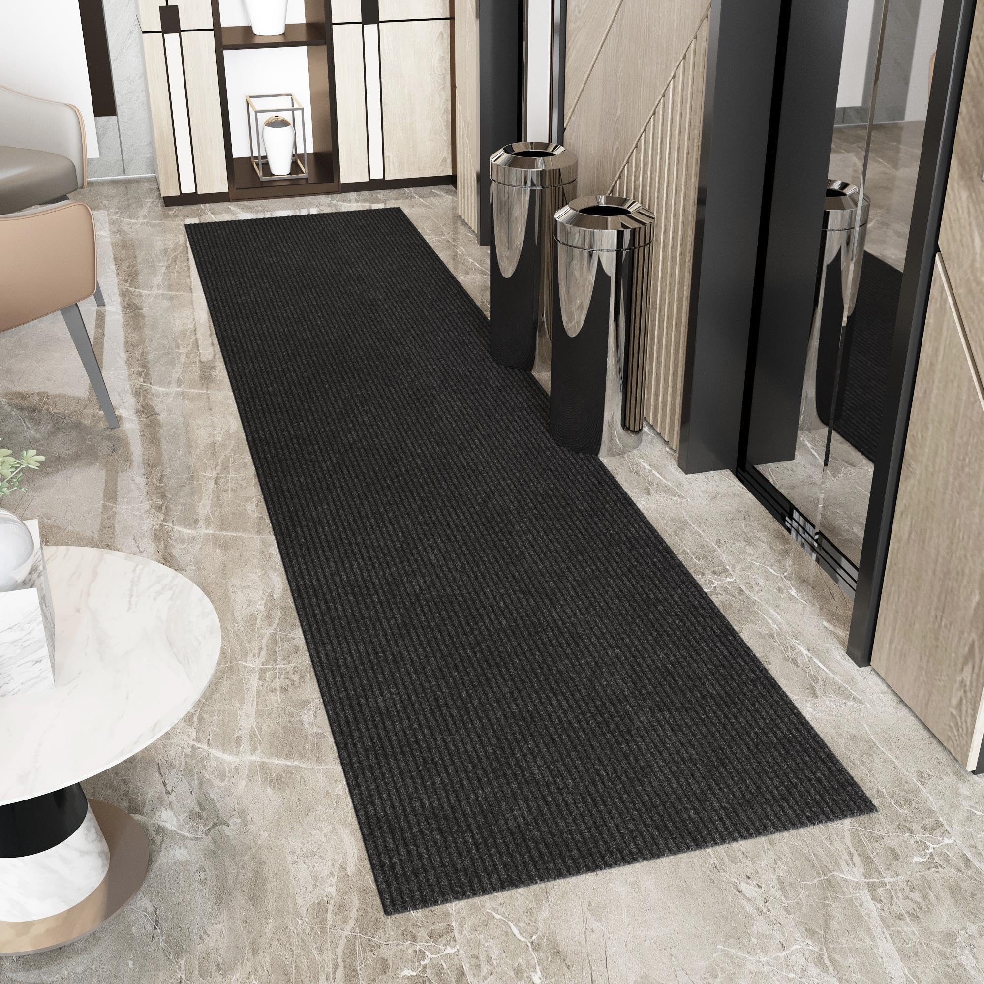 Ottomanson 2' x 18' Hallway Runner with Scraper Pile Extra Durable Non-Slip Rug Mat for Indoor & Outdoor Use - Ideal for Kitchen, Entryway, Patio & Garage - High-Traffic Carpet, Black