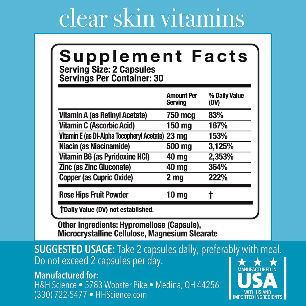 Clear Skin Vitamins for Women & Men - Supplement for Healthy Glowing Skin and Acne Control* - Patented and Dermatologist Developed Hormonal & Cystic Acne Pills
