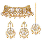 Aheli Indian Faux Kundan Studded Choker Necklace with Maang Tikka Earrings Ethnic Wedding Festive Fashion Bharatanatyam jewellery set Gift for Women
