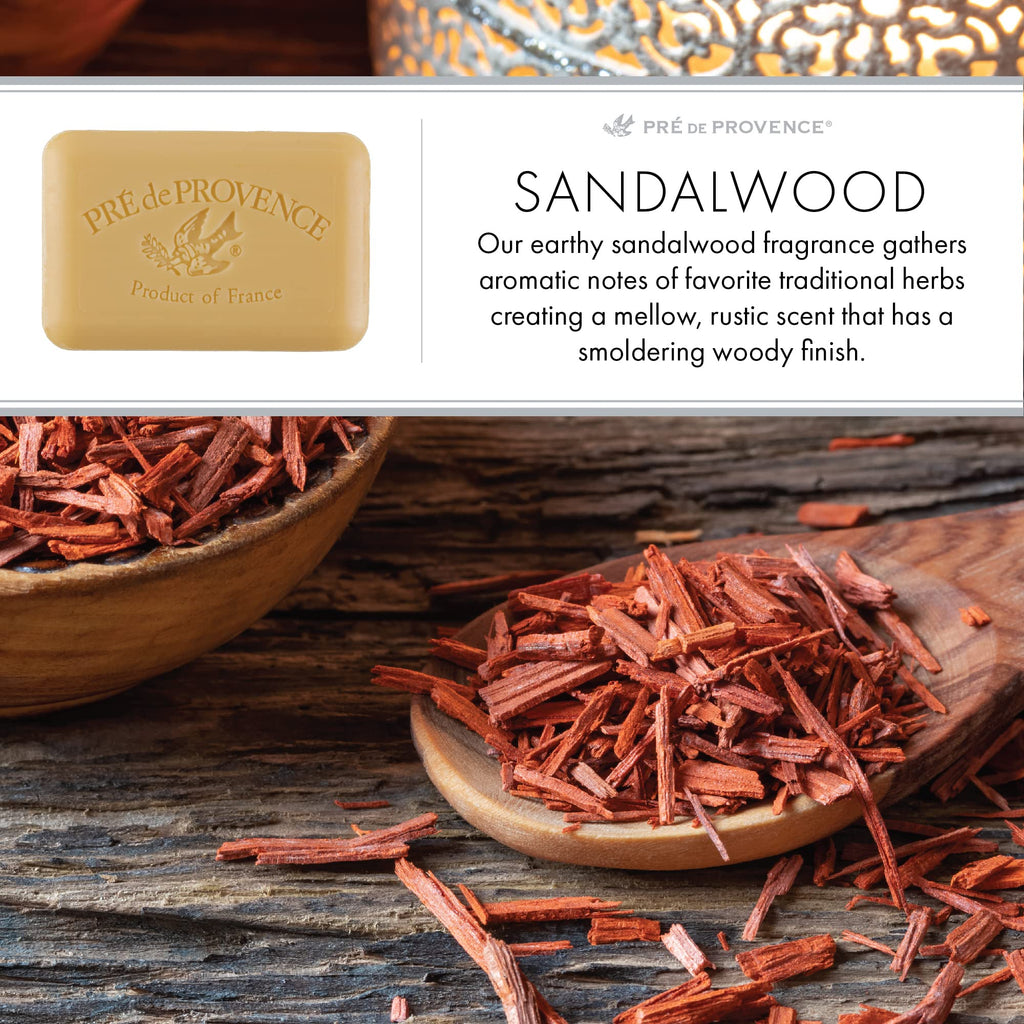 Pre de Provence Artisanal Soap Bar, Enriched with Organic Shea Butter, Natural French Skincare, Quad Milled for Rich Smooth Lather, 8.8 Ounce, Sandalwood