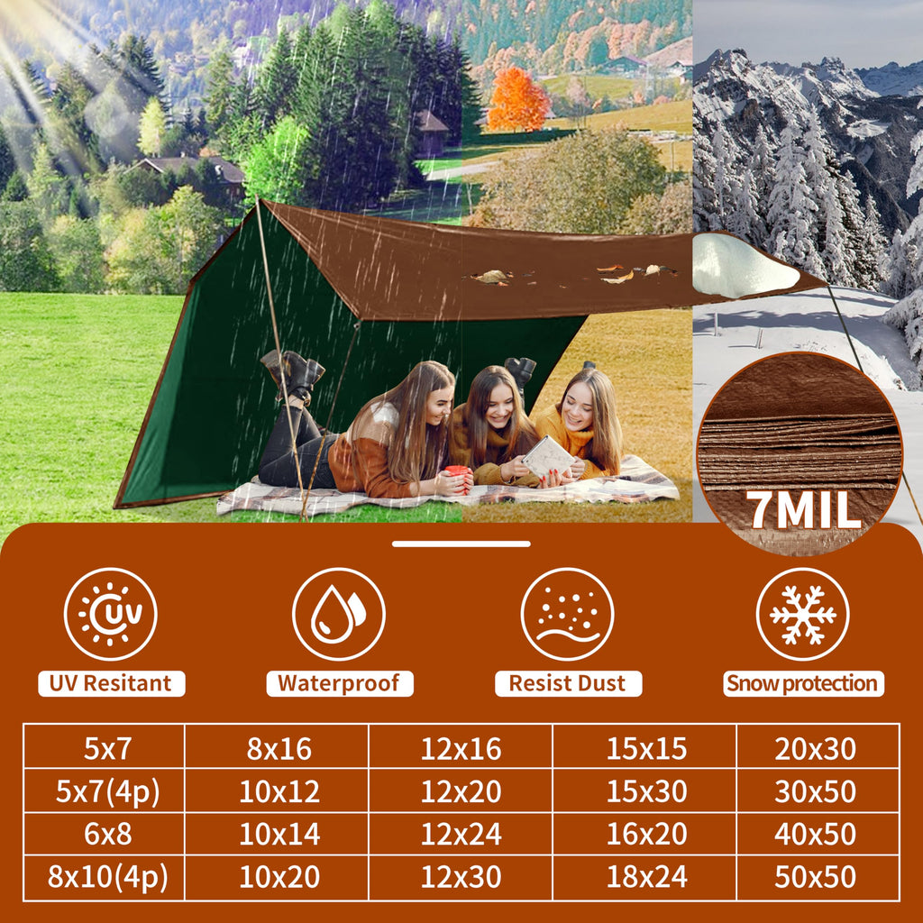 Tarp 20x30 ft 100% Waterproof 7mil Durable Grommets and Reinforced Edges,Uv Resistant,Green/Brown Tarp,Emergency Rain Shelter,Outdoor Cover and Camping Use -by MVPNET