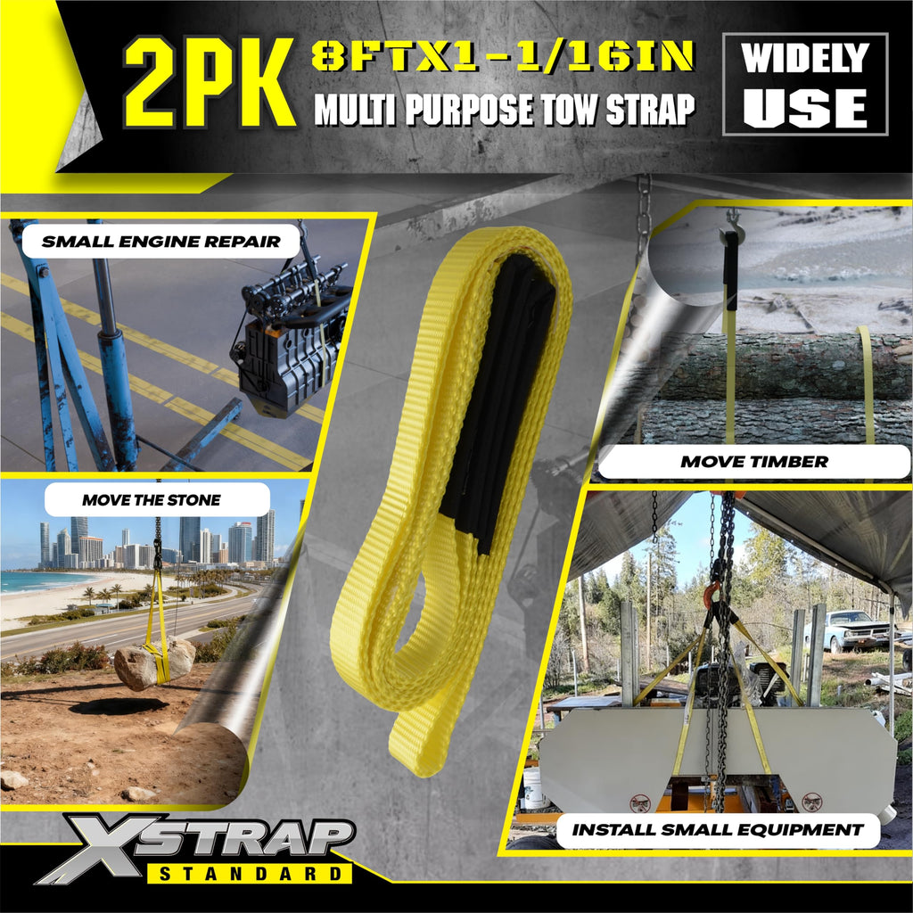 XSTRAP STANDARD 2PK 1''x 8FT Lift Sling Web Strap/Wear Guard End, Heavy Duty Flat Eye Lifting Sling with 2 Reinforced Loops for Tree Saver Lifting Furniture Appliances Machine