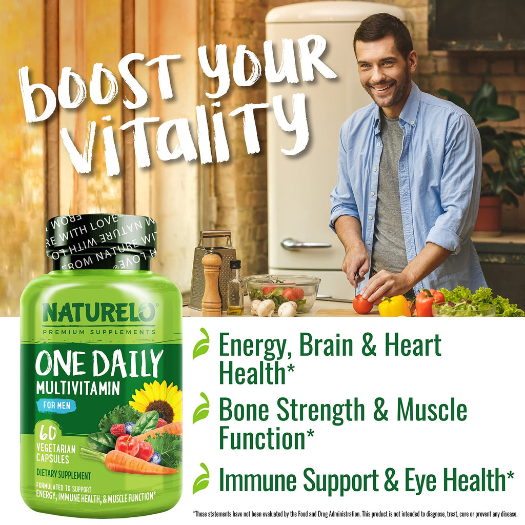 NATURELO Mens Multivitamins - One Daily Multivitamin for Men with Vitamins, Minerals & Organic Whole Foods, Boost Energy & Health, Non-GMO, 60 Vegetarian Capsules