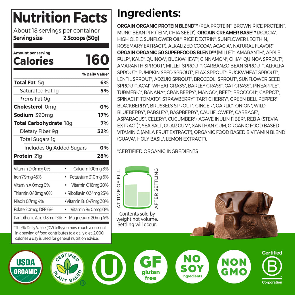 Orgain Organic Vegan Protein + 50 Superfoods Powder, Creamy Chocolate Fudge - 21g Plant Based Protein, 9g Prebiotic Fiber, No Lactose, Gluten Free, No Added Sugar, 2.02 lb (Packaging May Vary)