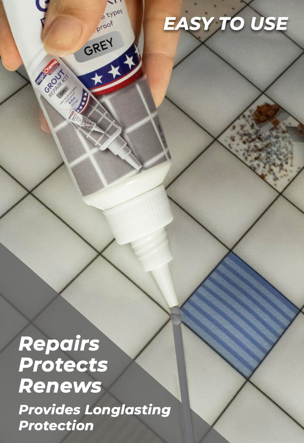 Magic Chems Tile Grout Repair, Grey 8.8 oz/250gr. Fast Drying Grout Repair Kit, Grout Filler Tube Repair Kit, Tile Grout Paint, Grout Sealer Restore and Renew Bathroom Floor, Tile Gaps, Joints, Lines