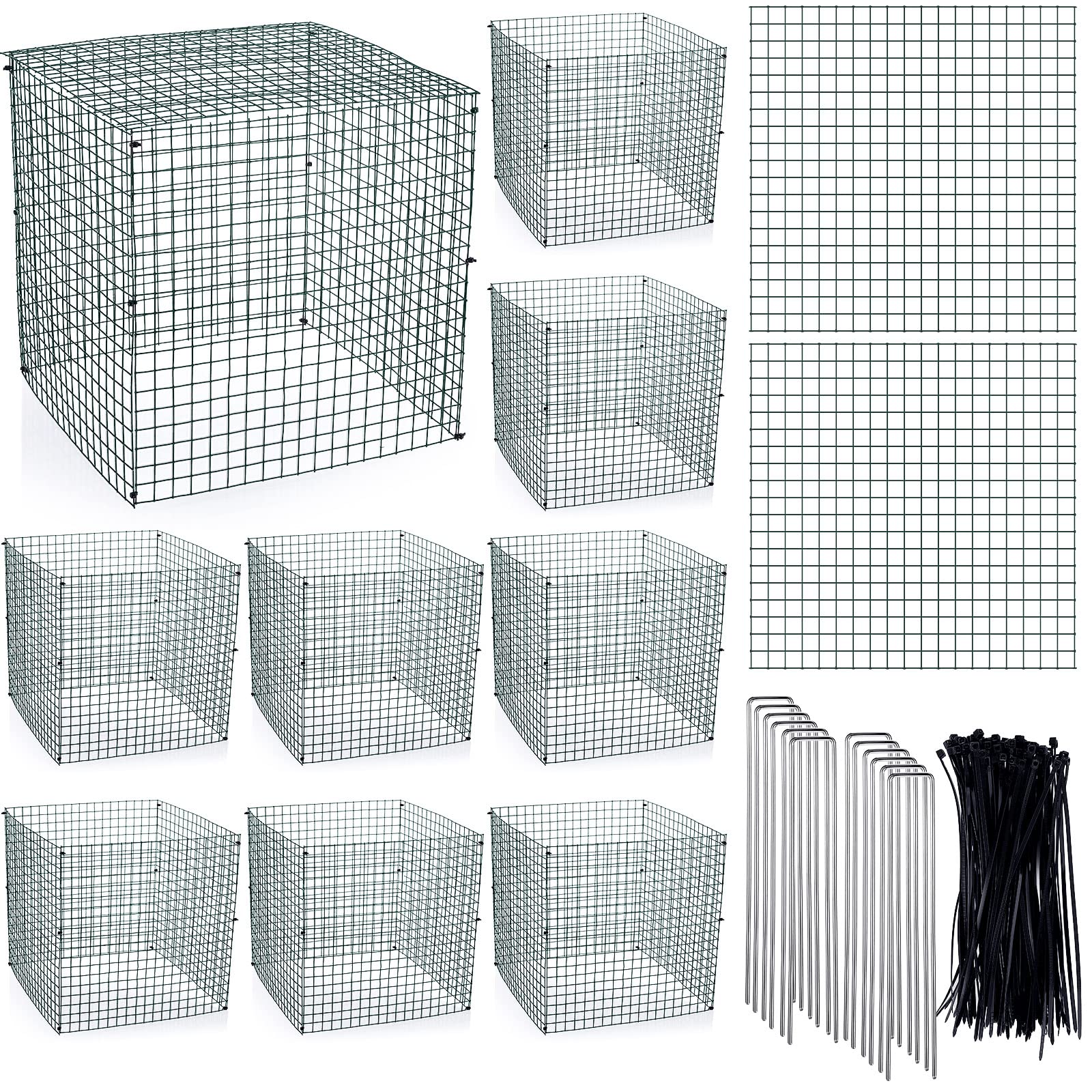 Zubebe 10 Pack Small Wire Plant Protectors Square Plant Protectors from Animals Mesh Cage Chicken Wire Cloche for Shrubs with Ground Stakes and Nylon Ties(Thickness 1mm,Dark Green)