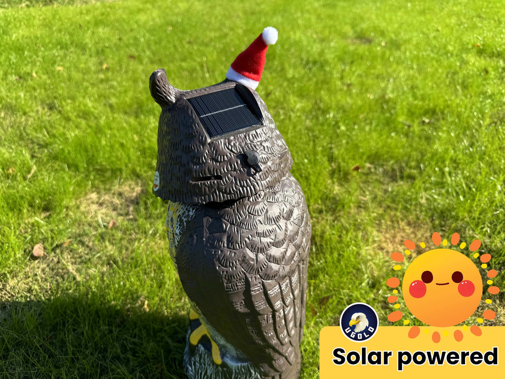 Ugold Solar Powered Owl, Motion Detection, Rotating Head, Realistic Hoots and Silent Mode, Outdoor Statue, Sculpture, Owl Decoration with a Christmas Hat for Home, Garden, Patio and Lawn