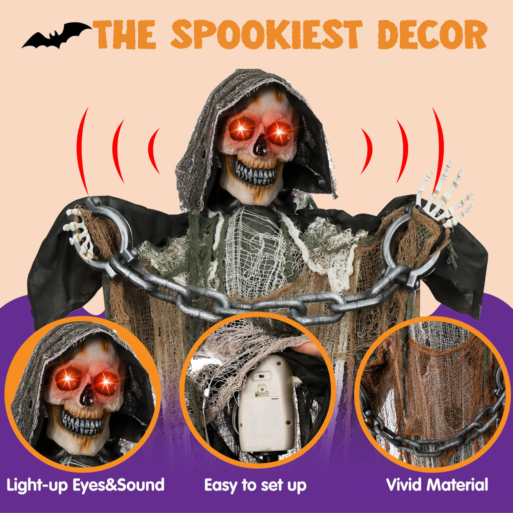 JOYIN Halloween Decorations Outdoor Life Size Animatronics Grim Reaper with Chain, Sound-Actived Party Decor with Creepy Sound, Scary Haunted House Props for Garden Yard Lawn