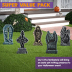 JOYIN 17” Halloween Decorations Outdoor Tombstones, 5 Pack Halloween Foam Graveyard Headstone Decorations with 12 Bonus Metal Stakes for Yard Lawn Outside Decor