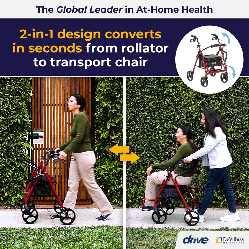 Drive Medical 795BU Duet Folding Transport Wheelchair and Rollator Walker, Burgundy