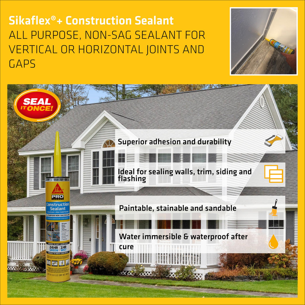 SIKA Sikaflex Construction Sealant - Aluminum Gray, Paintable Polyurethane, All-Purpose for Sealing Joints & Gaps, 10.1 fl. oz Cartridge - Weatherproof, Durable, Self-Leveling, Non-Corrosive