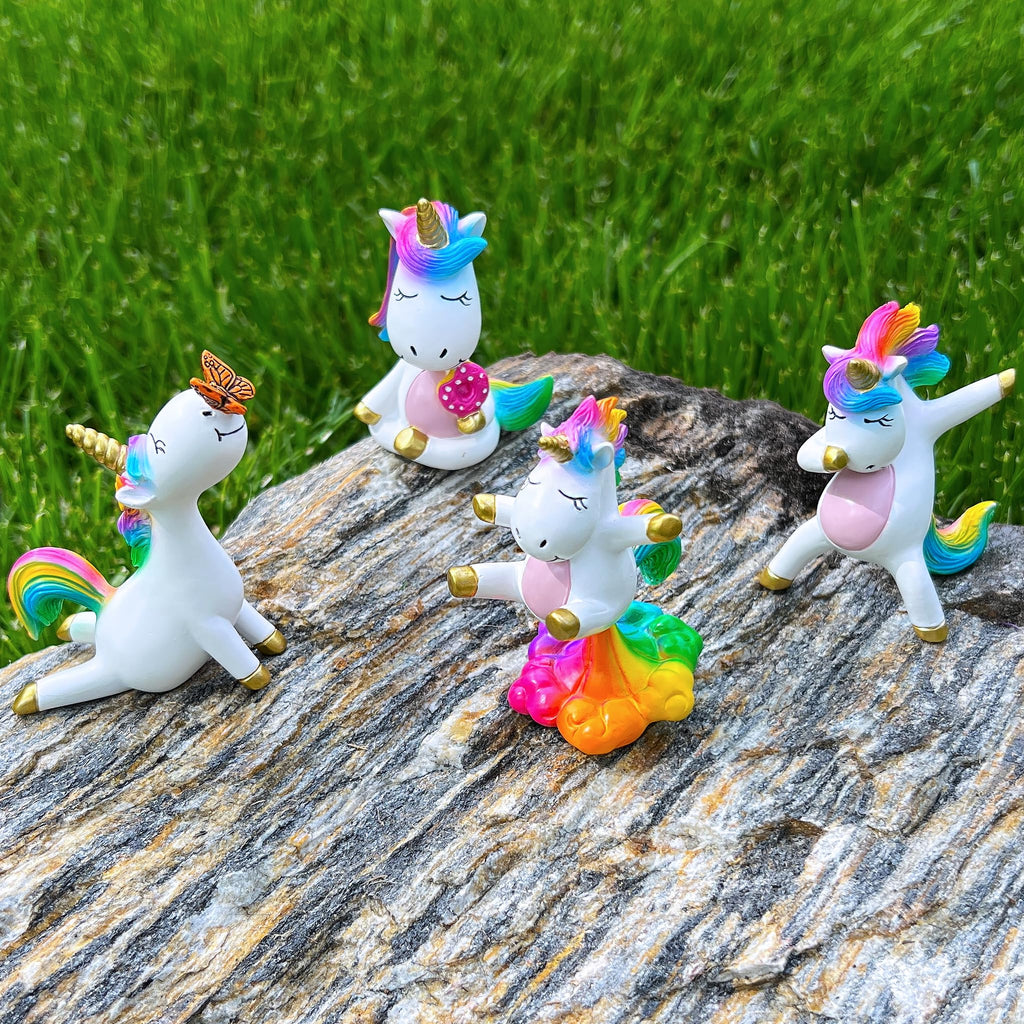 Mood Lab Fairy Garden Figurines - Yoga Unicorn Set (4 pcs) - Miniature Decorative Statues & Accessories - Outdoor & Indoor Garden Decor