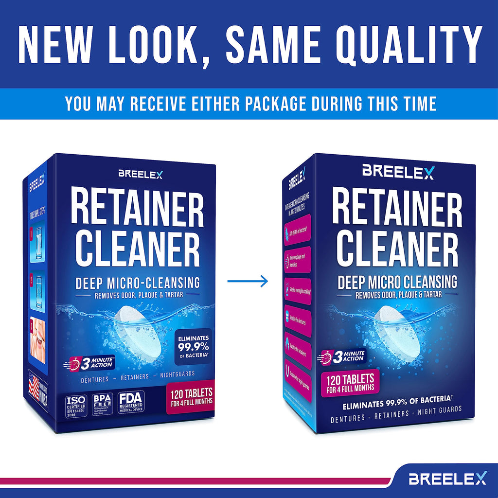Breelex Retainer Cleaner Tablets for Dentures, Aligners & Night Guards – 120 Denture Cleaning Tablets, 3-Minute Deep Clean, Removes Plaque, Stains & Odor – FSA HSA Eligible